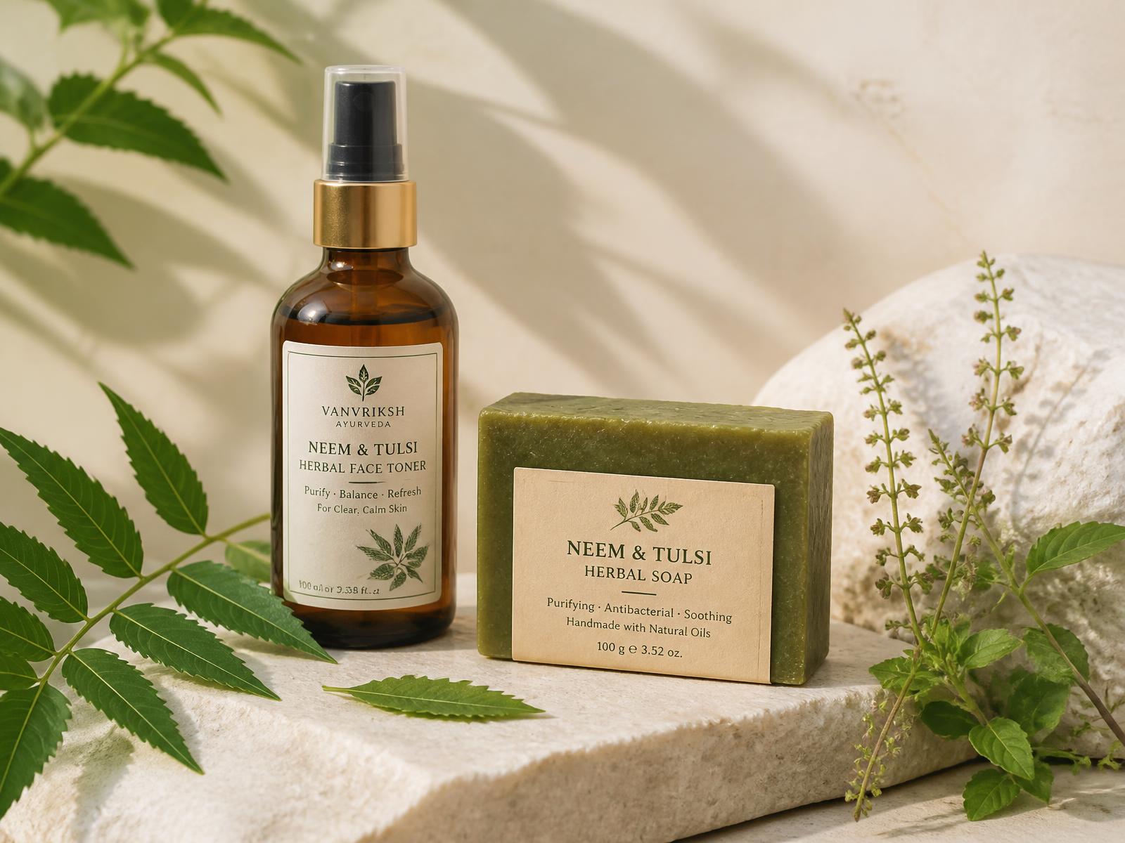 Herbal face toner and neem tulsi soap with fresh leaves